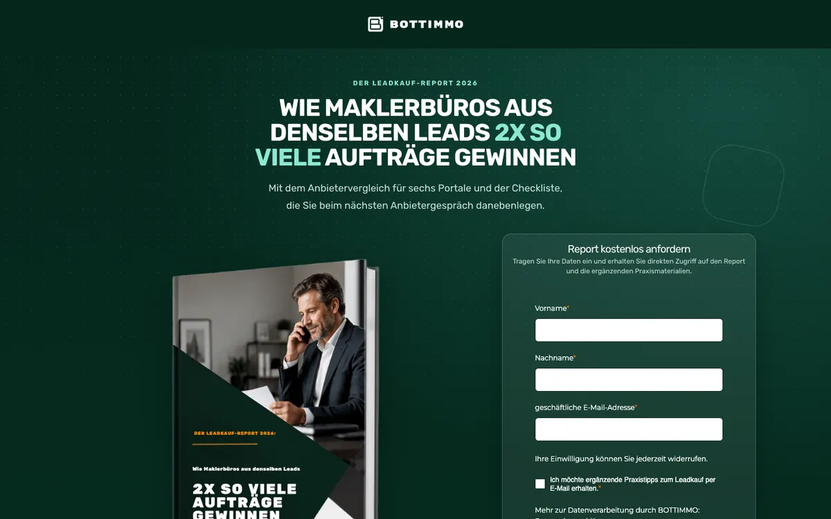 Landingpage Leadkauf-Report für BOTTIMMO, Desktop-Ansicht