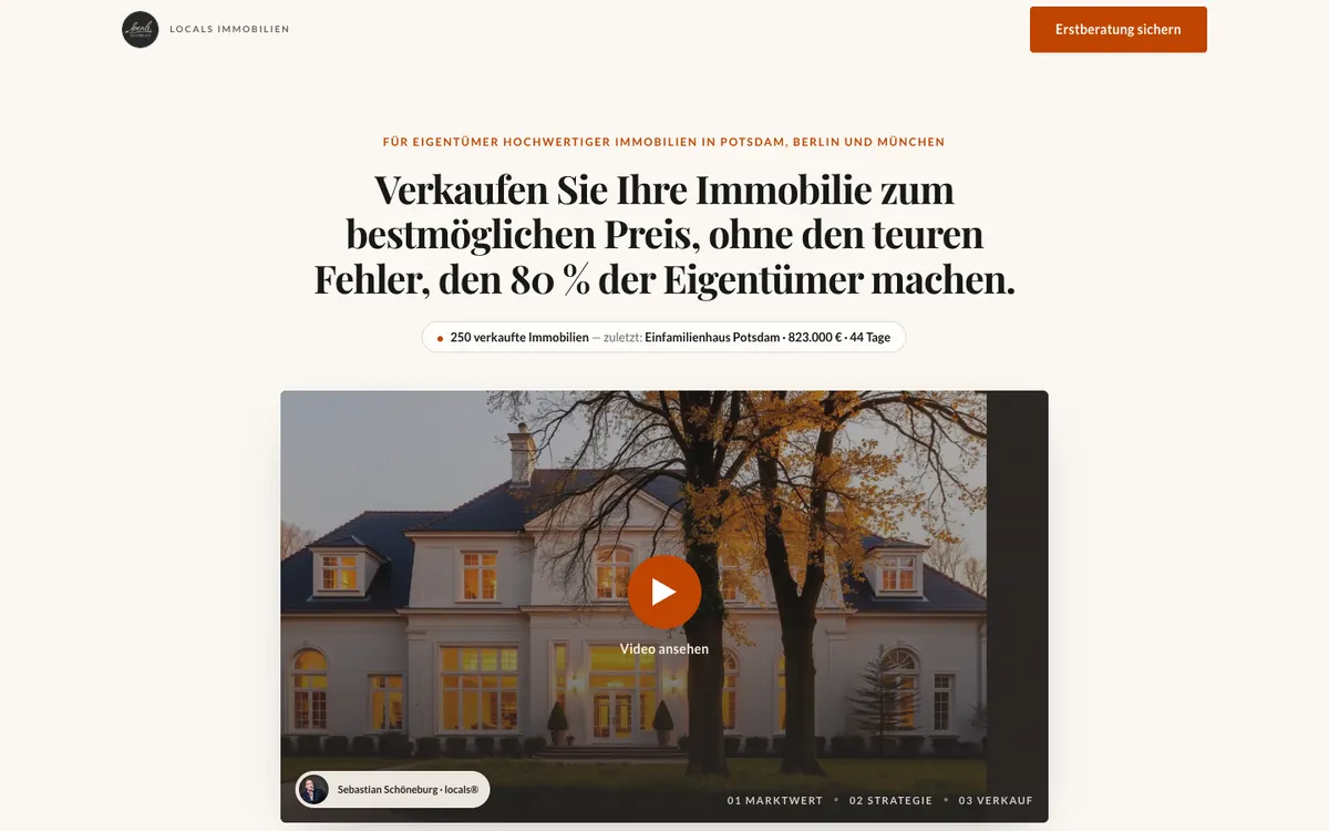 Landingpage Erstberatung für Eigentümer für locals Real Estate, Desktop-Ansicht