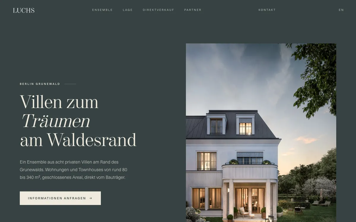 Landingpage LUCHS Living für Zauner Developments, Desktop-Ansicht