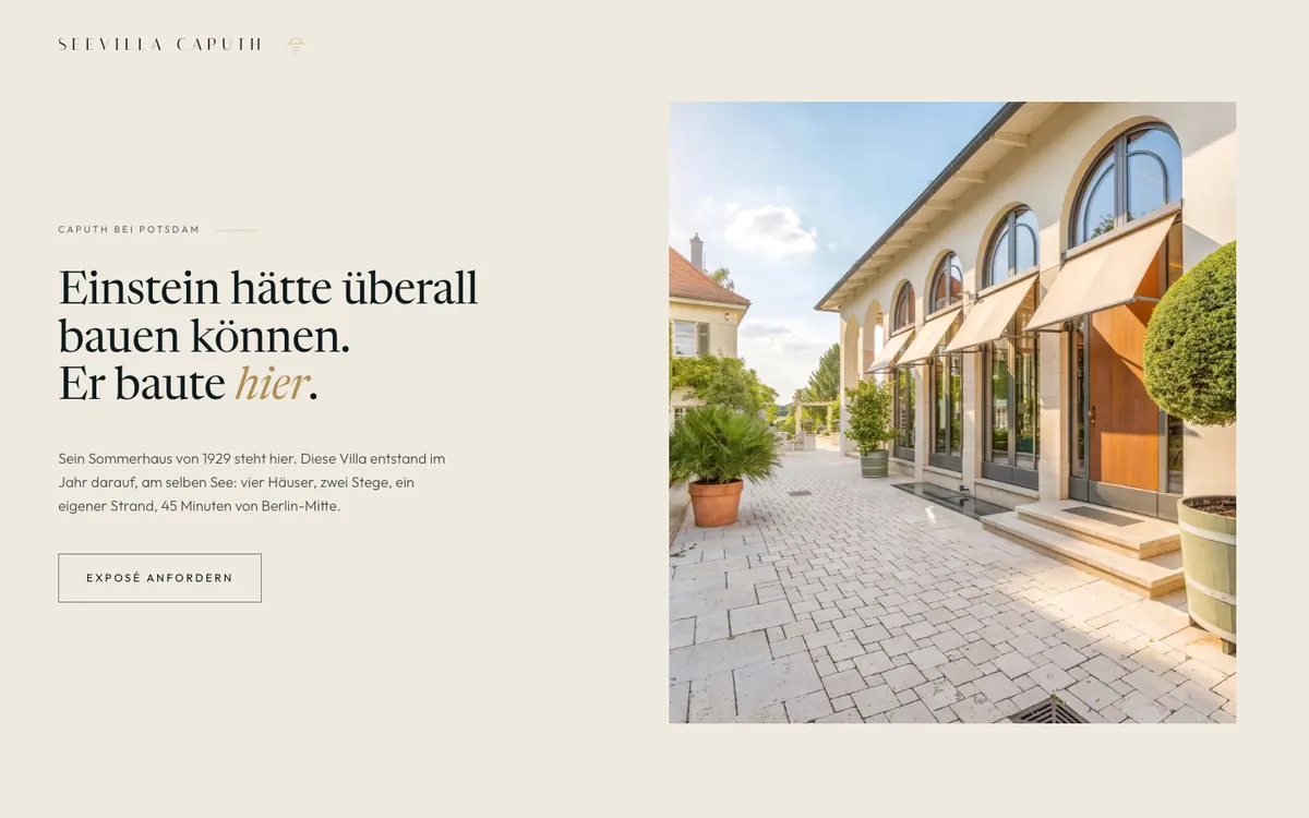 Landingpage Seevilla Caputh für locals Real Estate, Desktop-Ansicht