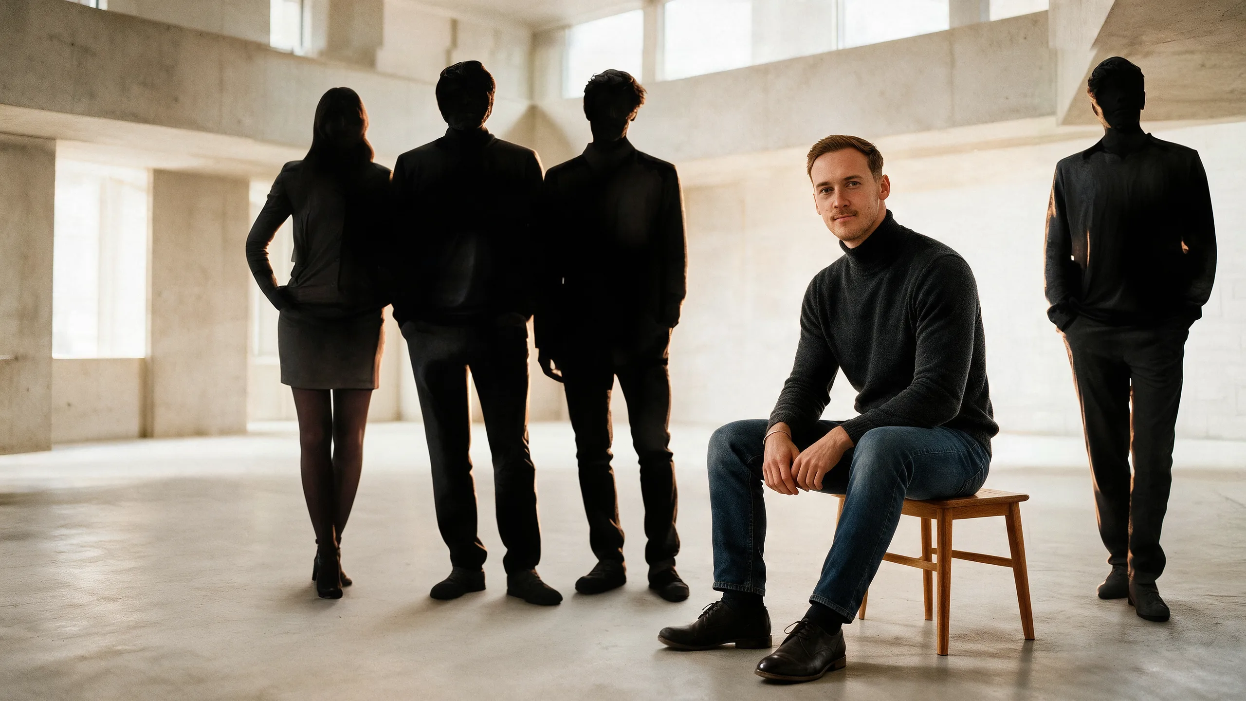 Leo Hansen in einem hellen Betonraum, neben ihm vier Silhouetten als Platzhalter für das künftige Team