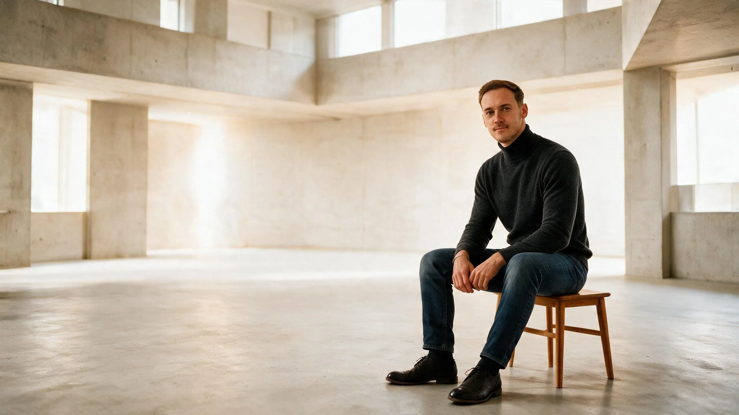 Leo Hansen, Inhaber von Hansen Marketing, in einem hellen Betonraum