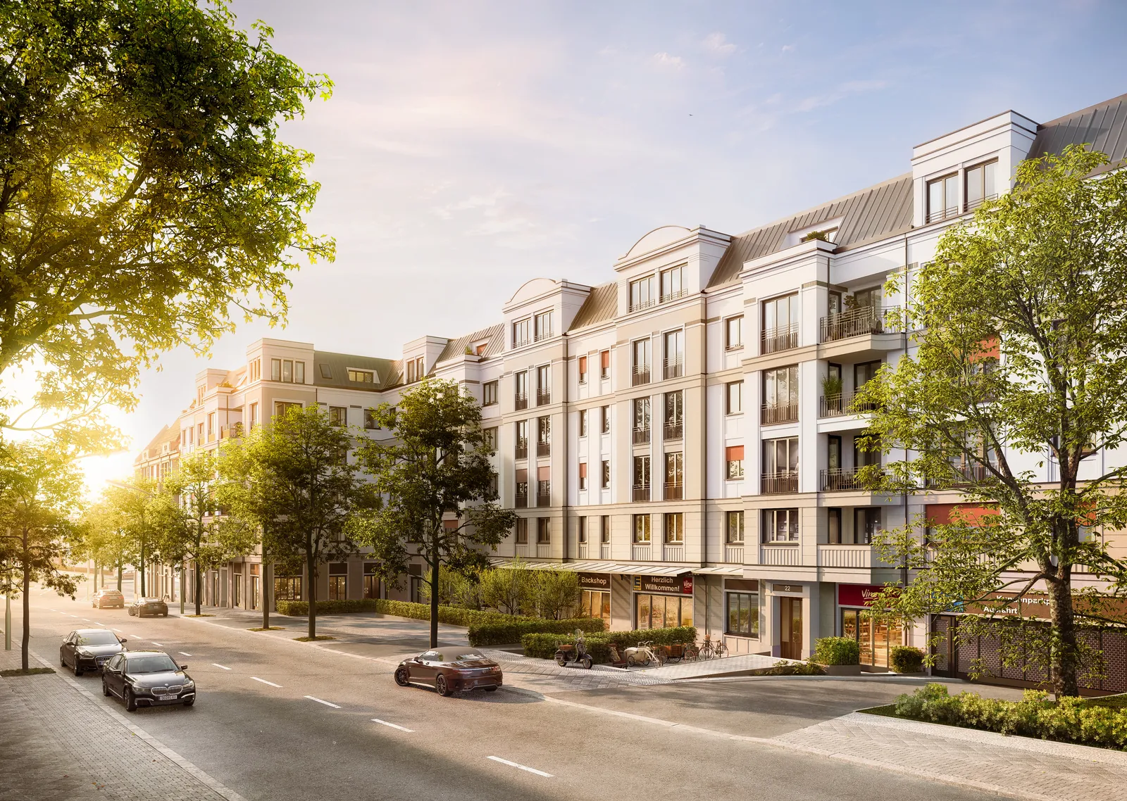 Neubau KARLLOTTA in Berlin-Steglitz, Straßenansicht im Abendlicht