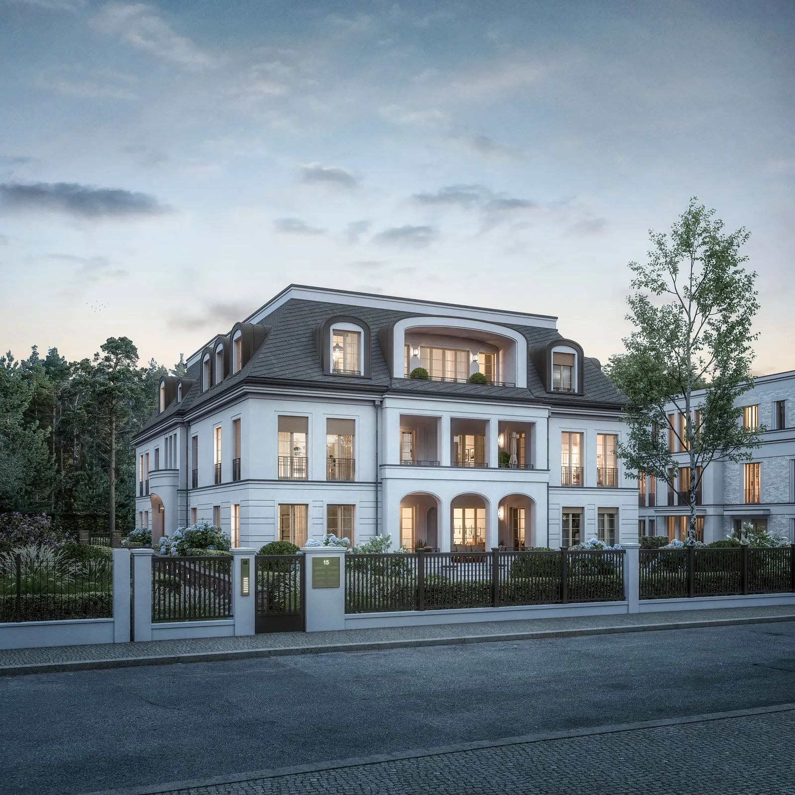 Stadtvilla im Projekt LUCHS in Berlin-Grunewald in der Abenddämmerung