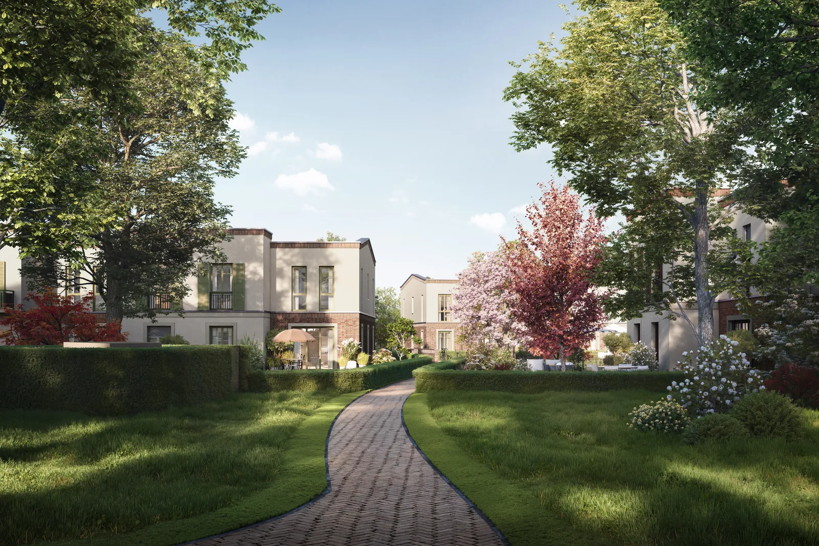 Außenansicht der Seebadgärten in Rangsdorf mit Gartenweg
